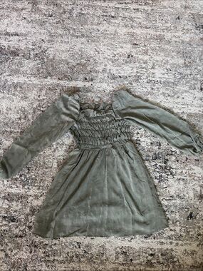 Smocked Olive Green Mini Dress with Puff Long Sleeves